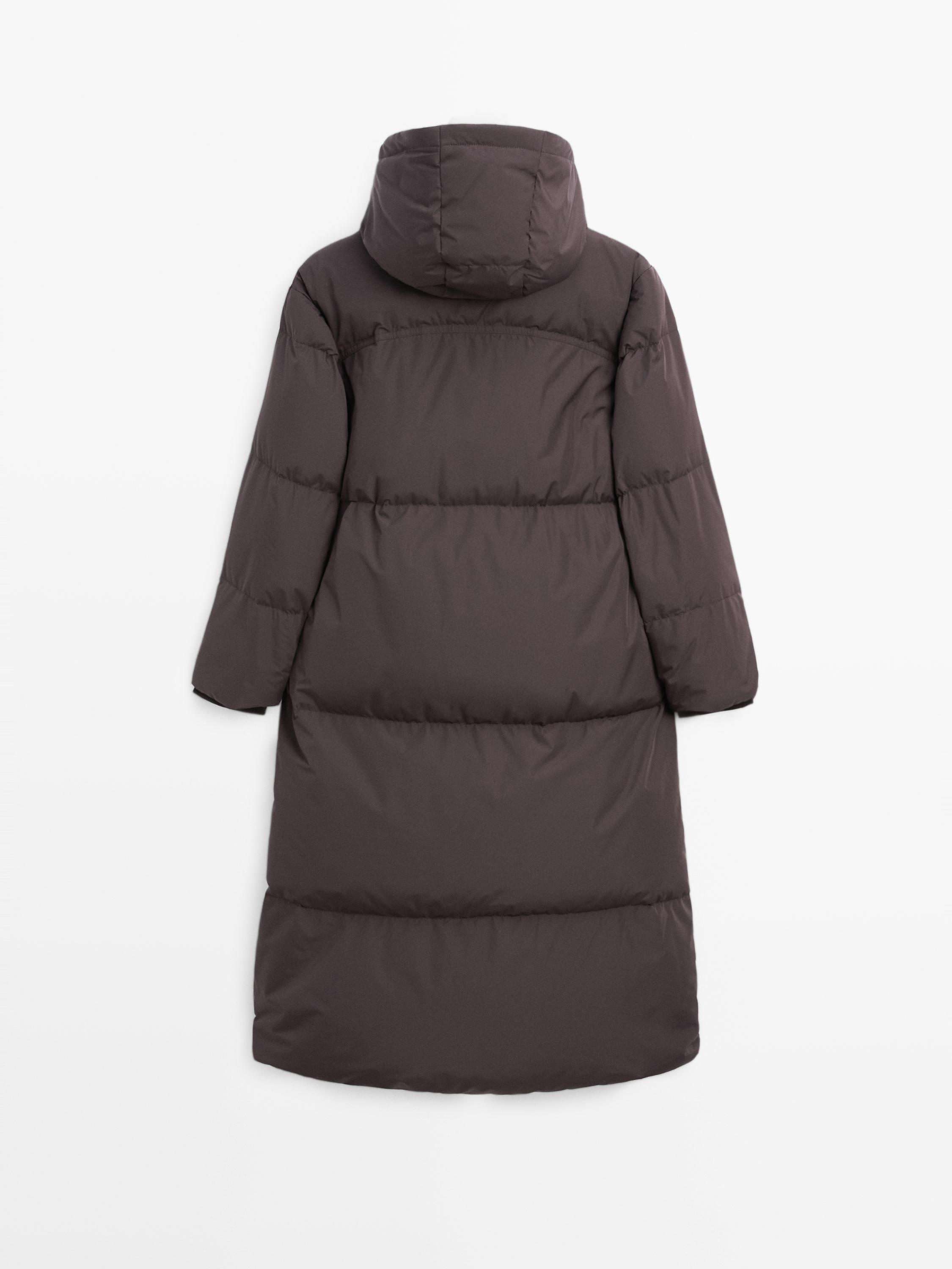 Long water-repellent puffer down jacket with hood